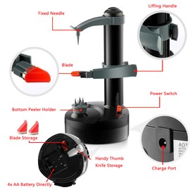 Automatic Electric Potato Peeler, Rotating Apple Peeler, and Fruit/Vegetable Cutter with 6 Replaceable Blades, Powered by 4 AA Batteries (Not Included) or 6V Adapter Charger (Included)