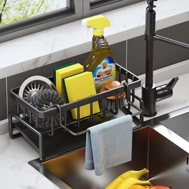 ViWaVee Sink Kitchen Organiser, Sink Organiser with Self-Draining Drain Tray for Sponge Holder, Towel Holder, Dish Cloth Holder, Super Organiser for Kitchen and Bathroom. (Black)