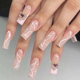 ANDGING Pink Press on Nails Square Medium Fake Nails with Gold Rhinestone Heart Butterfly Design Glue on Nails for Women Acrylic Gel Stick on Nails with Glue False Nails for Wedding Birthday 668KL