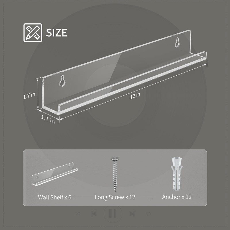 AITEE Vinyl Record Shelf Wall Mount: 6 Pack Acrylic Clear