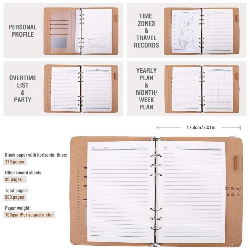 Minlna A5 Leather Notebook/Refillable Loose Leaf Business Notebook/Notepad,200 Thick Pages,Classic