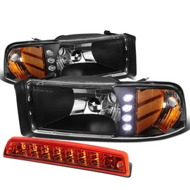 Compatible with Dodge Ram BR/BE Pair of Black Housing Amber Corner 1pc LED Headlight+Red Lens 3rd Brake Light