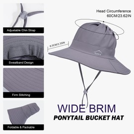 TAGVO Sun Hats for Women Wide Brim Breathable Ponytail Beach Bucket Hat with Windproof Strap for Outdoor Dark Grey