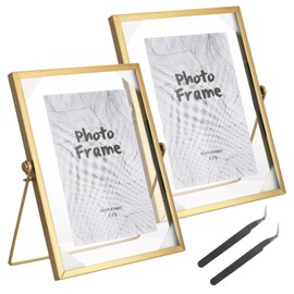 Pack of 2 Picture Frames Standing Glass A5 15 x 20 cm Glass Picture Frame Gold Glass Frame for Pressed Flowers Visible on Both Sides Pressed Flowers for Embossing Photos with Tweezers Gold