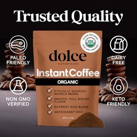 Dolce Superfoods Organic Instant Coffee – USDA Certified, Bold & Smooth Flavor, 14oz Travel-Friendly, No Additives, Non-GMO