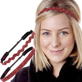 Hipsy PETITE Size, Adjustable No Slip Sparkly Bling Mixed 2pk Headbands for Women Girls & Teens (Bling Glitter Mixed Ruby Red)