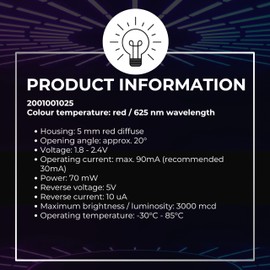 Lumetheus LEDs 5 mm Colour red Extra Super Bright 3000 mcd 50 Pieces 2-3 Volts 2 Pin Light Emitting LED Diode Diffused Lens