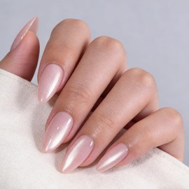 Cat Eye Press On Nails, Light Pink Fake Nails, Short Almond Shape Reusable Glossy False Nails for Women Daily Wear & Party Manicure 32 Pcs