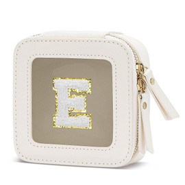 CLOUDWINGS Initial Travel Toiletry Bag - Cosmetic Bags for Girls with Zipper, Clear & Potable Girls Makeup Bag for Travel, Small Cosmetic Pouch Perfect Gifts for Graduation (Beige, E)