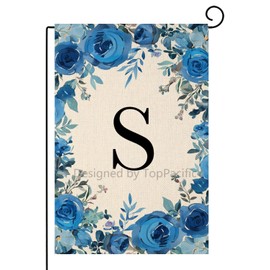 TopPacific Summer Monogram Letter S Garden Flag Blue Rose 12x18 Inch Double Sided Outside Small Burlap Linen Family Last Name Initial Yard Decoration(7252)