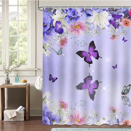 Avezano Butterfly Shower Curtain Spring Purple Flower Butterfly Bathroom Bathtub Shower Curtain Waterproof Home Bath Decor with 12 Hooks 72 X 72 Inches