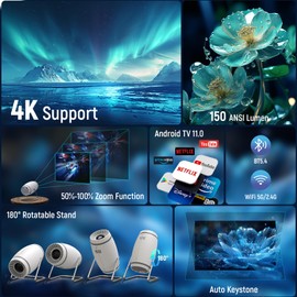 Mini Projector, 4K Support Portable Projector with WiFi 6 and Bluetooth, Auto Keystone 130'' Screen 180° Rotatable Smart Cinema Projector for Home Bedroom Outdoor