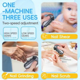 Electric Nail Clipper with LED Light, 2 Speeds Nail File & Baby Automatic Nail Clipper, 3 in 1 Design, USB Rechargeable Safety Fingernail Trimmer for Baby, Kids, Seniors, Caregivers (Silver-Black)