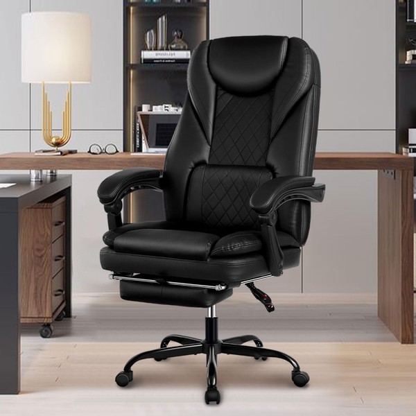 Guessky Executive Office Chair, Big and Tall Office Chair with Foot Rest Reclining Leather Chair High Back Home Office Desk Chair with Lumbar Support Ergonomic Office Chair with Padded Armrests(Black)