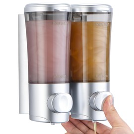 Shampoo Conditioner Body Wash Dispenser No Drill Shower Soap Dispenser Wall Mounted Shampoo Dispenser 2 Chamber with Upgrade Pump Head Bathroom Soap Dispenser 450ml/Each Sliver