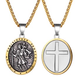 Rofusn St. Christopher Medal Necklace for Men: Silver Gold Stainless Steel Religious Protection Cross Amulet Pendant for Women Travelers Adventurers