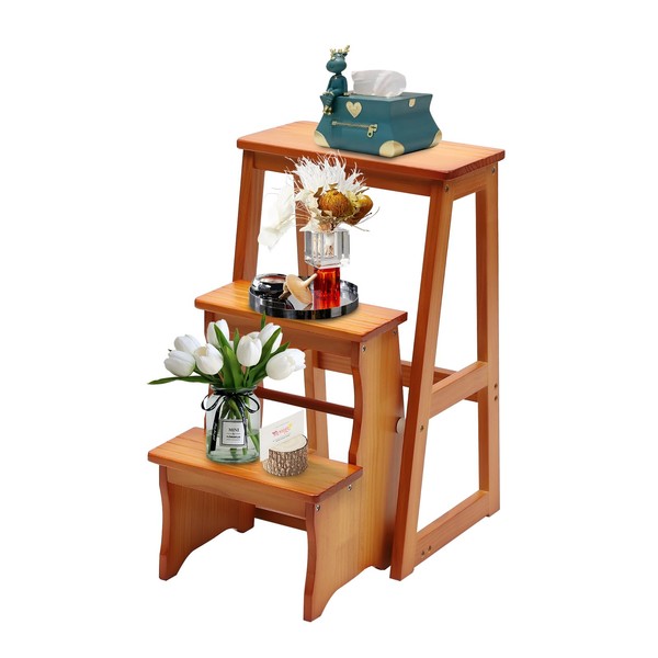LYNICESHOP Folding Library Ladder Chair, 3-Step Wooden Folding Chair Lightweight