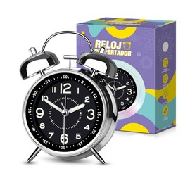 MUÜNSOY Reloj Despertador Analógico Retro Noctilucente, Campana Doble Vintage, Non-Ticking Silencioso, Retroiluminación - Regalo De Navidad Negro