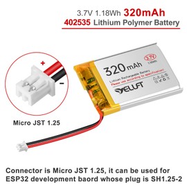 YELUFT 1pcs 3.7V 320mAh 402535 Lithium Polymer Battery 1S 1C LiPo Rechargeable Battery with Protection Board, Micro JST 1.25 Plug Compatiable with Arduino ESP32 Development Board