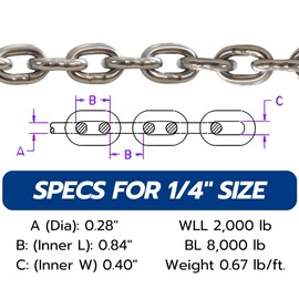 MarineNow 1/4" G43 ISO AISI 316 Marine Grade Stainless Steel Anchor Chain | Mirror Polished Finish | Marine Grade | ISO G43 (3 ft)