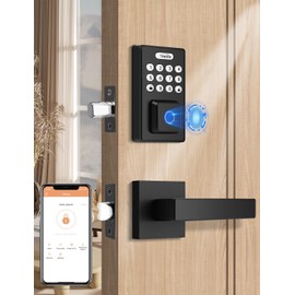 Tinewa Keyless Entry Door Lock with 2 Lever Handles, Fingerprint Entry Door Handleset, Electronic Digital Keypad Deadbolt with App, Auto Lock & One Touch Locking, Front Smart Door Handle Sets, Black