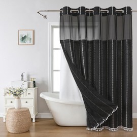 eachope No Hook Long Shower Curtain Set with Snap-in Fabric Liner,Linen Textured Thick Striped Fabric with Tassels,Boho Farmhouse Rustic Luxury Bathroom Curtain,Water-Repellent,Black,71x80