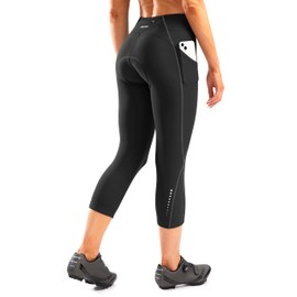 Bikewa Women's 4D Padded Bike Pants High Waist Cycling Shorts Bicycle Capris 3/4 Biking Tights with Zipper Pockets(Black/Dark Grey,L)