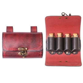 Lord of Battles Medieval Alchemy Buff Leather Belt Bag with 4 Mini Glass Bottles | The Elfic Potion Vintage Belt Waist Pouch Side Pack for Ren Faire, Cosplay (Maroon)
