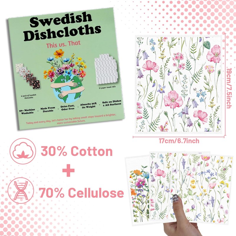 Deorfuy Swedish Dishcloths for Kitchen, 6PCS Wildflower Cellulose Sponge Reusable