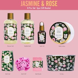 Cesta de regalo para mujeres - Juego de 8 piezas de belleza y cuidado personal de rosas y jazmín - Paquete de relajación y mimos para el baño en casa 