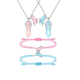 MJartoria BFF Necklace and Bracelets for 2-Crystal Friendship Necklace Bracelet Best Friend Necklace Matching Necklace Bracelets Gifts (Pink+Blue, Butterfly)