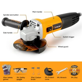 Hoteche 4-1/2-Inch Angle Grinder 6.3-Amp Compact Metal Cutting & Grinding Tool with Cutting Disc, Safety Gloves & Goggles
