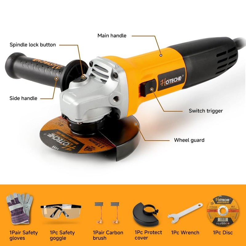 Hoteche 4-1/2-Inch Angle Grinder 6.3-Amp Compact Metal Cutting & Grinding