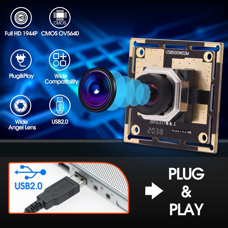ELP Autofocus Webcam, 5 Megapixels, USB Camera Module, Wide Angle,