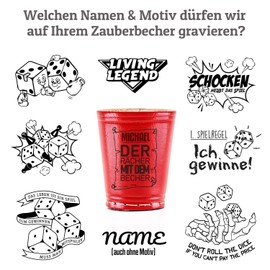 Dice Cup with Engraving – Red – Your Name + Motif to Choose From + 6 Dice Including – Red Puzzle Cup Real Leather