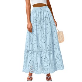 BTFBM Women's Boho Casual Skirts Summer 2025 Lace Embroidery Eyelet Elastic Waist Flowy Tiered A-Line Beach Maxi Skirt(Light Blue, Large)