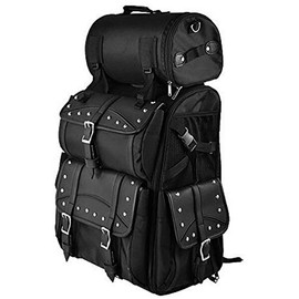 Vance Leather Deluxe Textile Sissy Bar Bag Motorcycle Travel Luggage with Sissy Bar Straps, Black with Studs