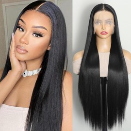 13x6 HD Lace Front Wigs Human Hair, 30 Inches Glueless Natural Black Straight Hair, 200% Density Synthetic Wig,Pre-Plucked, Heat-Resistant, Adjustable Headband Fits All Head Sizes
