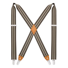 HISDERN Mens Suspenders Brown Striped X-Back 1.4" Adjustable Elastic Suspender Braces Strong 4 Clips Work Trousers Wedding Formal Business