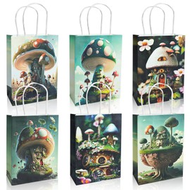 paeyaer 12 Pack AI's Mushroom Theme Party Favor Bags with Handle Mini Kraft Paper Gift Goodie Bags Party Supplies for Kids Birthday Wedding Bridal Baby Shower Crafts