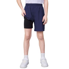 QBK Boys 2-in-1 Athletic Running Shorts with Compression Liner Lightweight Quick Dry 3T-16Y(Navy,5T)