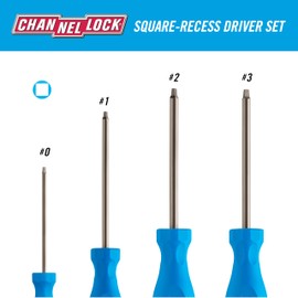 CHANNELLOCK SQ-4H 4 Piece Square Recess Screwdriver Set, Magnetic Tip, Made in USA, Molded Tri-Lobe Grip