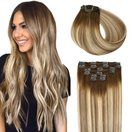 SURNEL Clip in Hair Extensions Human Hair Balayage Ombre Color 3 Darker Brown Fading To 8 And 22 Blonde Clip in Hair Extensions 18 inch 6pcs 120g Real Hair Clip in Extensions(#3/8/22,18")