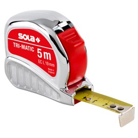 SOLA TRI-MATIC Tape Measure 5 m / 19 mm - Professional Pocket Tape Measure with Belt Clip - Steel Tape, Yellow Painted with mm Scale - Accuracy Class I - Roll Meter with Movable End Hook - Length 5