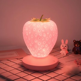 Enajucy Strawberry Night Light Decor- LED Cute Silicone Strawberry Lamp - USB Rechargeable - 3 Modes Touch Bedside Color Changing Lamp for Valentine's Day Anniversary Wedding Birthday (Pink)