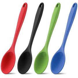HSDJLXZ 4 Pcs Large Mixing Spoon Silicone Cooking Spoons Colored Heat Resistant Spoons Nonstick Silicone Serving Spoons for Kitchen Cooking Baking Stirring Cooking Mixing (Red Black Green Blue)