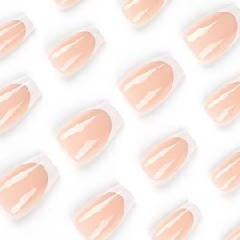 White French Tip Press on Nails Medium Square False Nude Pink Fake Nails Cover Acrylic Nails Simple Daily Wear Artificial Glue on Static Nails Stick on Nails for Women Manicure 24Pcs