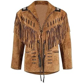 Quality Supply Mens Traditional Western Cowboy Suede Leather Jacket | Classic Native American jacket Coat with Beaded Fringed (as1, alpha, 3x_l, regular, regular, Brown)