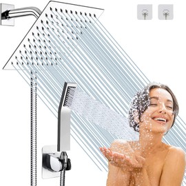 Rain Shower Head with Handheld Spray, 6'' Chrome Shower Head with 78'' hose, High Pressure Hand Head Shower Heads, Anti-leak Rainfall Shower Head with Holder(Square, All Metal)