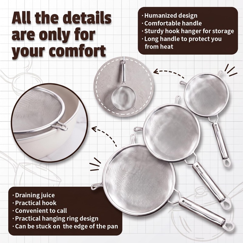 Double-Layer Fine Mesh Strainer, 4.7 Inch Stainless Steel Double Ear